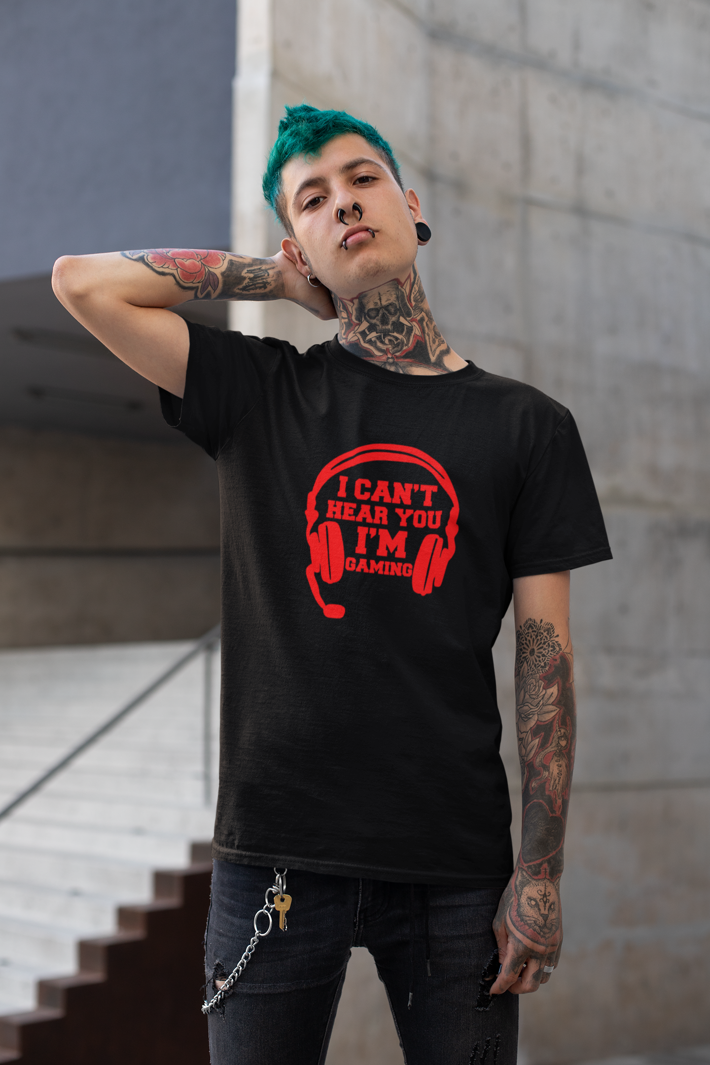 - I can't hear you I'm gaming red on black premium cotton