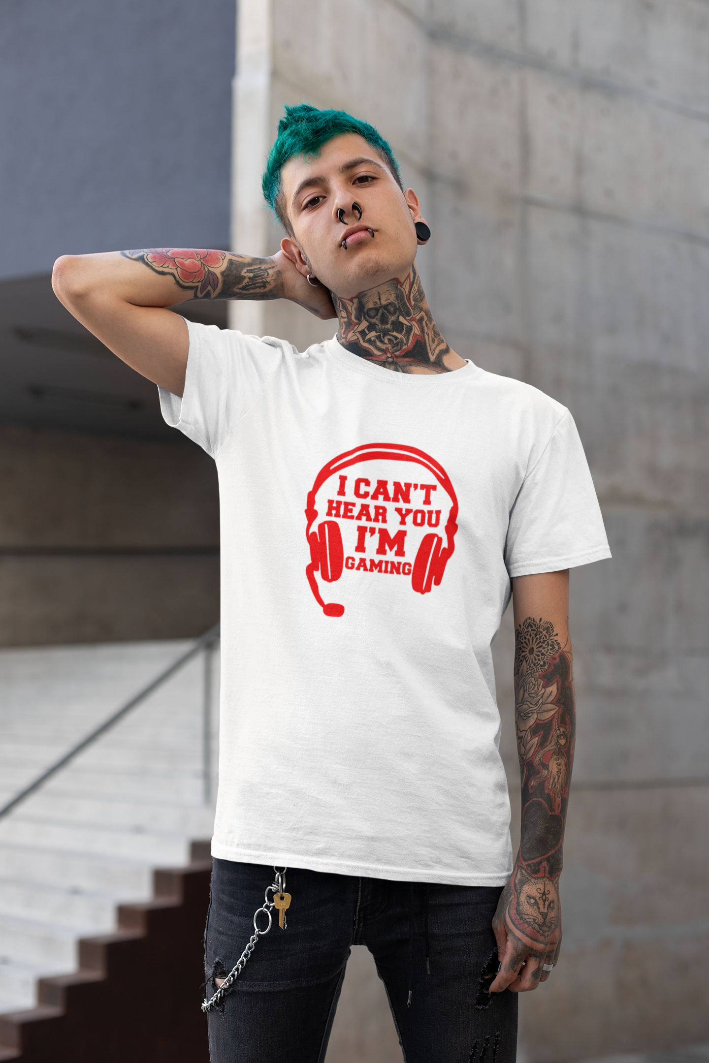 - I can't hear you I'm gaming red on white premium cotton